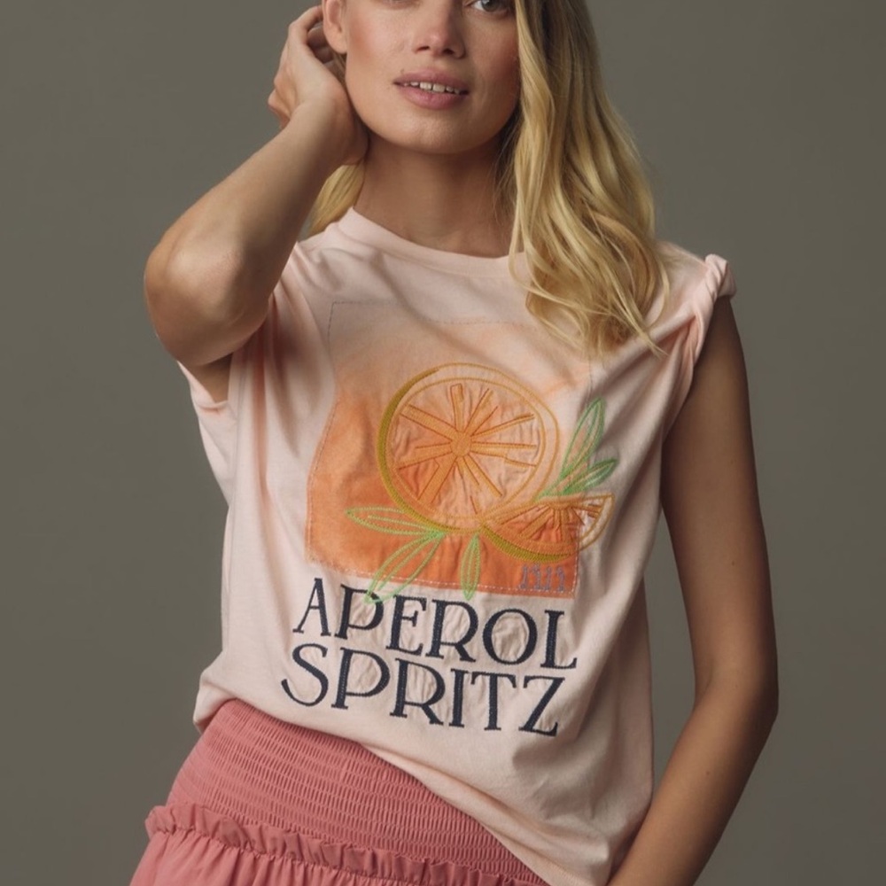 Anthropologie Aperol Spritz Embroidered Tank T- Shirt, size XL